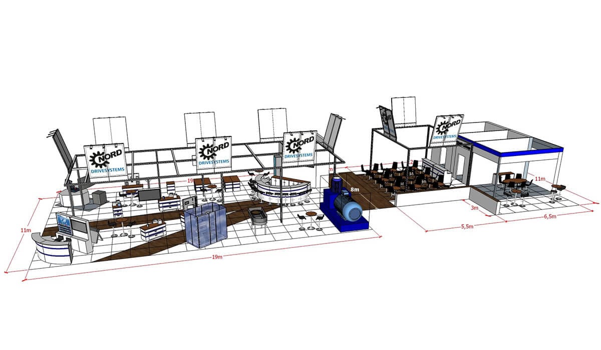 3D-Zeichnung eines Messestands mit Maßangaben